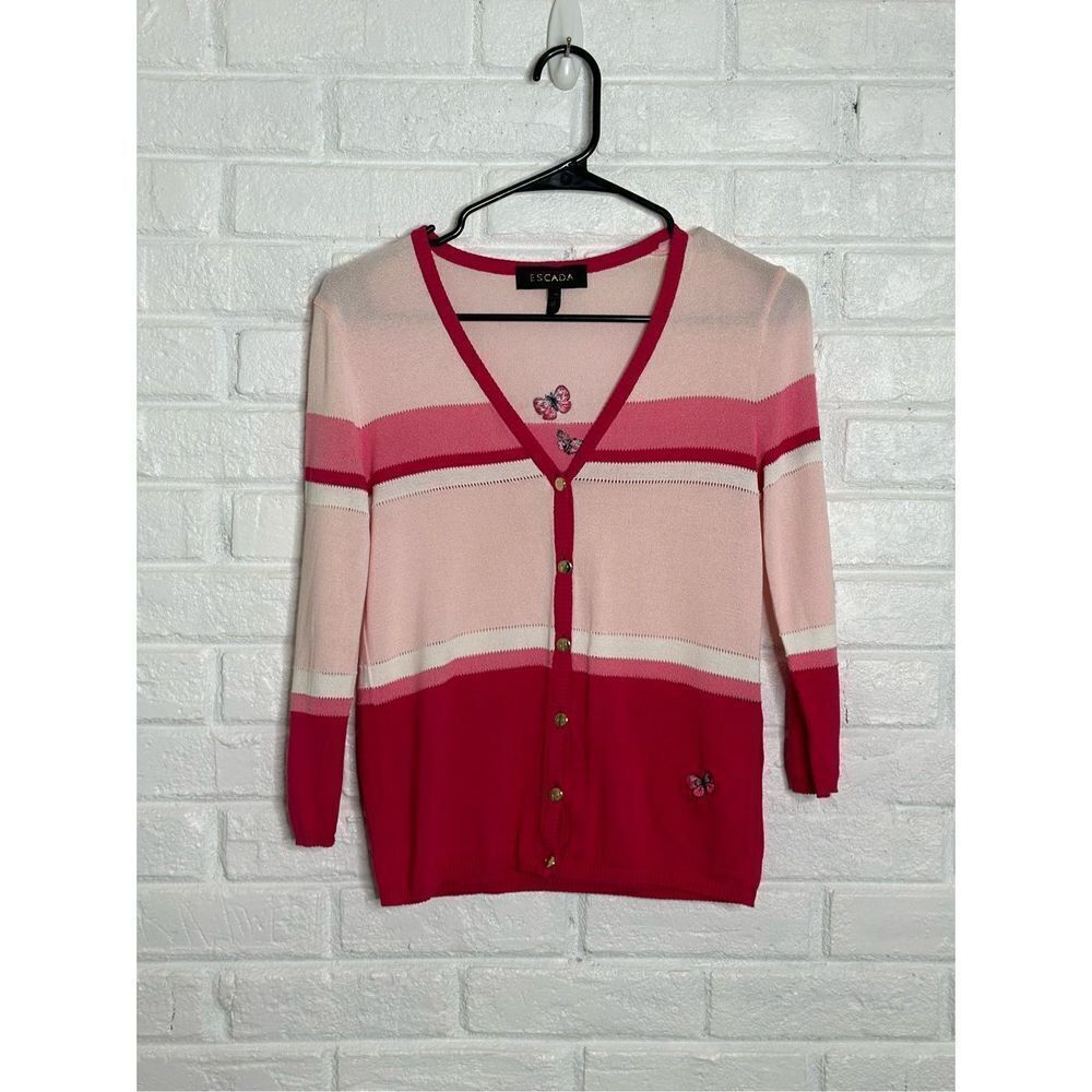 Escada Butterfly Cardigan Pink Stripe Lightweight size 34 / Small‎
